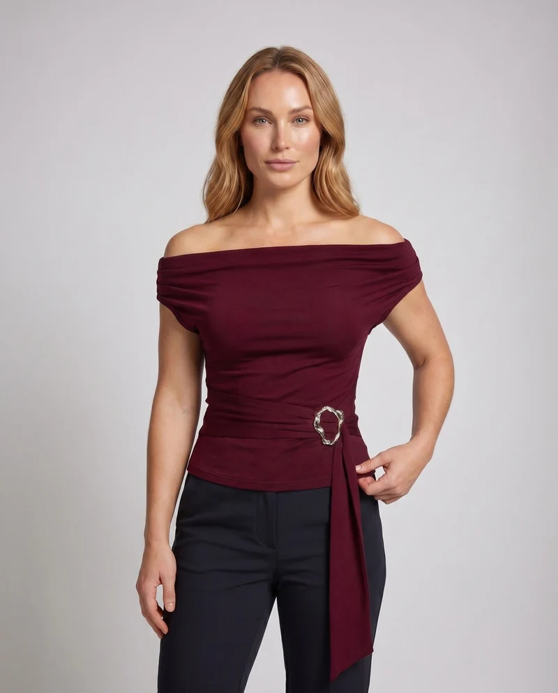 Damen Off-Shoulder Oberteil mit elegantem Kordelzug und modischem Schnallenakzent