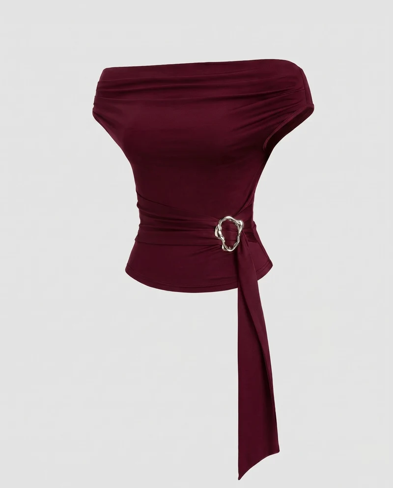 Damen Off-Shoulder Oberteil mit elegantem Kordelzug und modischem Schnallenakzent