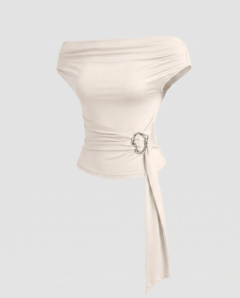 Damen Off-Shoulder Oberteil mit elegantem Kordelzug und modischem Schnallenakzent