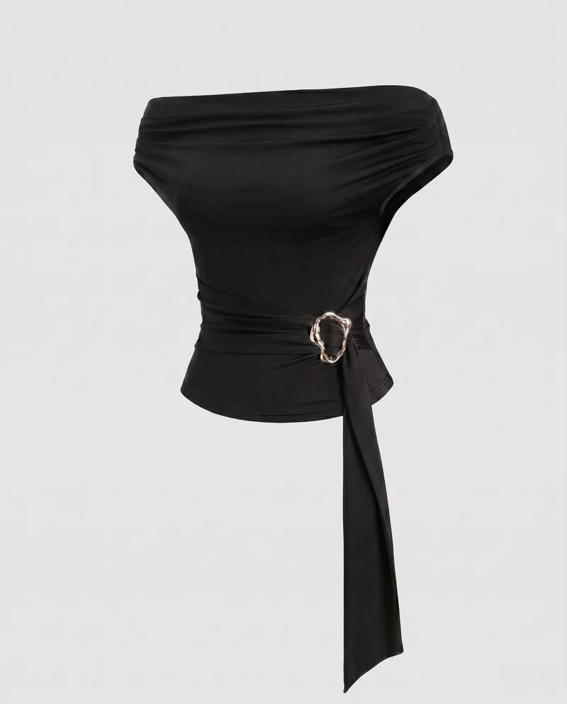 Damen Off-Shoulder Oberteil mit elegantem Kordelzug und modischem Schnallenakzent