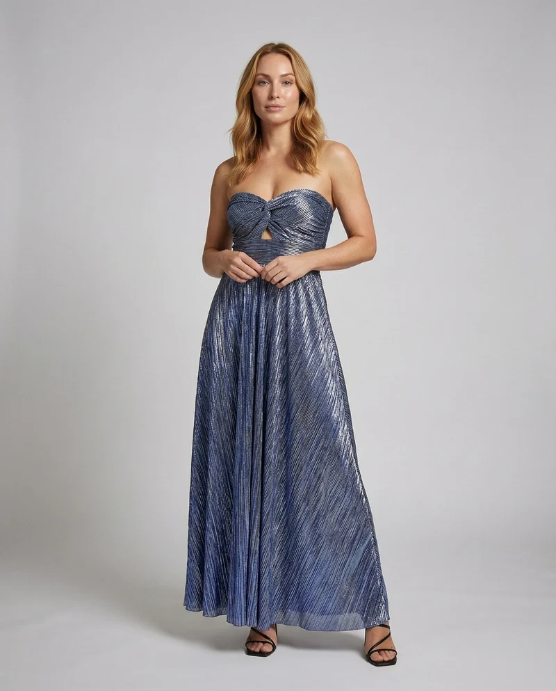 Damen trägerloses Plissee-Maxikleid mit Twist-Bustier