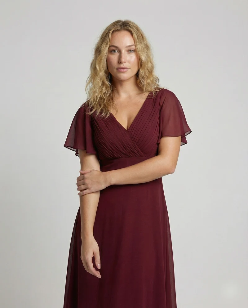 Damen Maxikleid V-Dekolleté Flügelärmel Taillenpasse