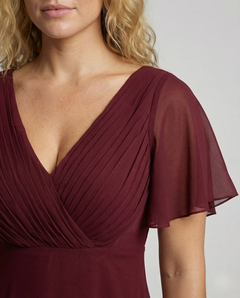 Damen Maxikleid V-Dekolleté Flügelärmel Taillenpasse