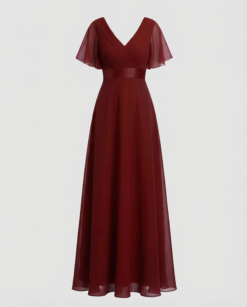 Damen Maxikleid V-Dekolleté Flügelärmel Taillenpasse