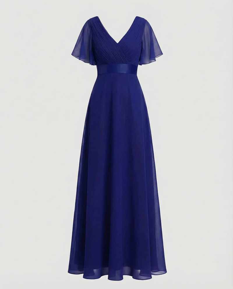 Damen Maxikleid V-Dekolleté Flügelärmel Taillenpasse