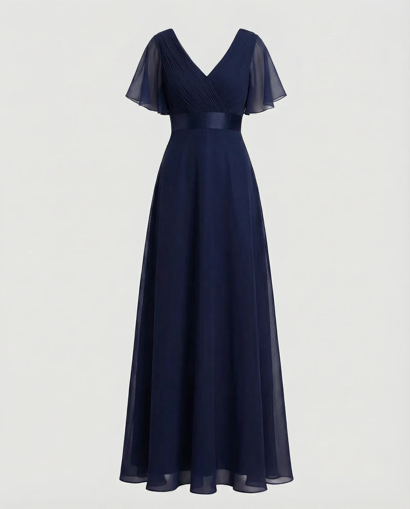 Damen Maxikleid V-Dekolleté Flügelärmel Taillenpasse