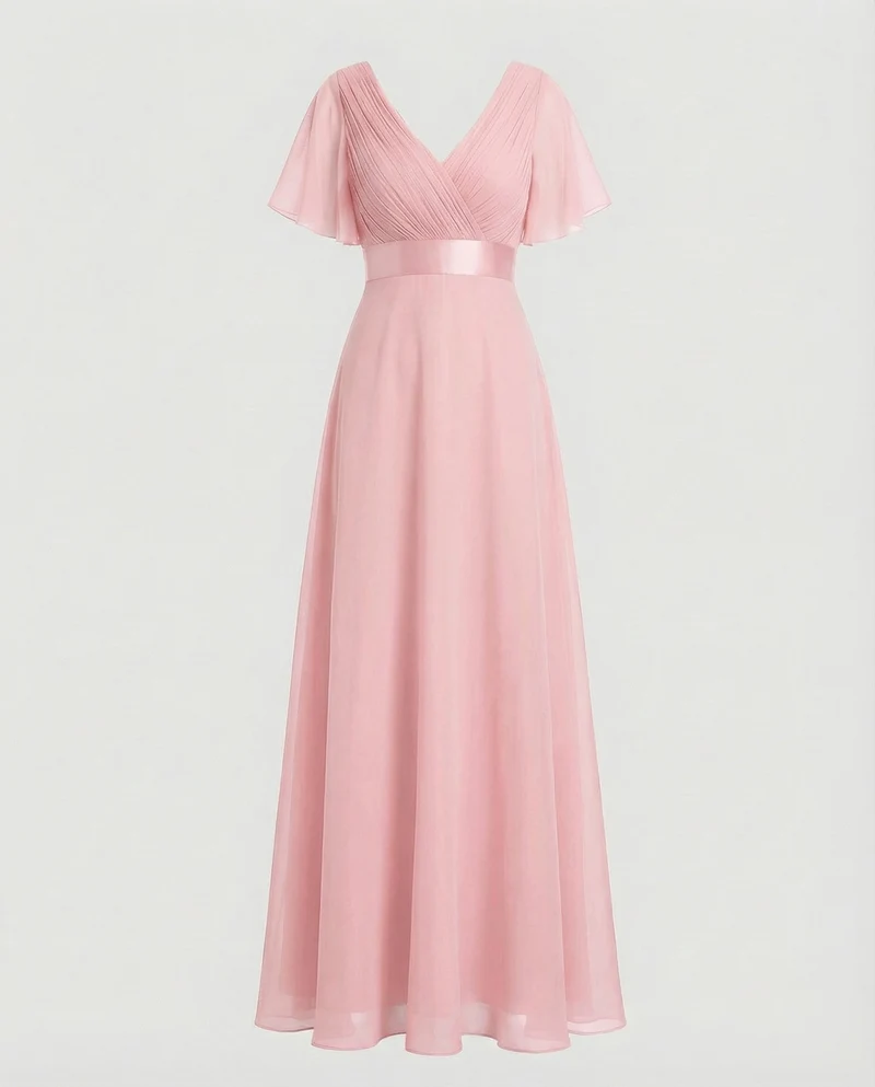 Damen Maxikleid V-Dekolleté Flügelärmel Taillenpasse