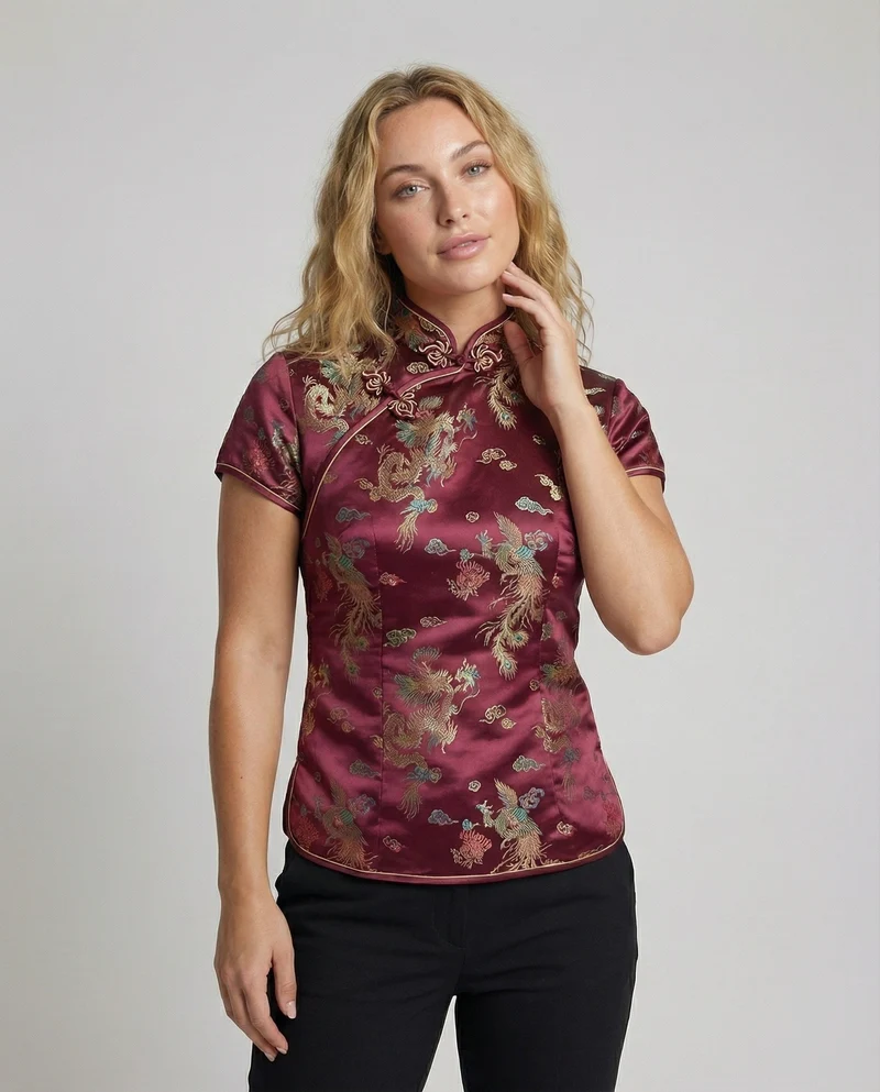 Damen Qipao-Stil Brokat Stehkragenbluse