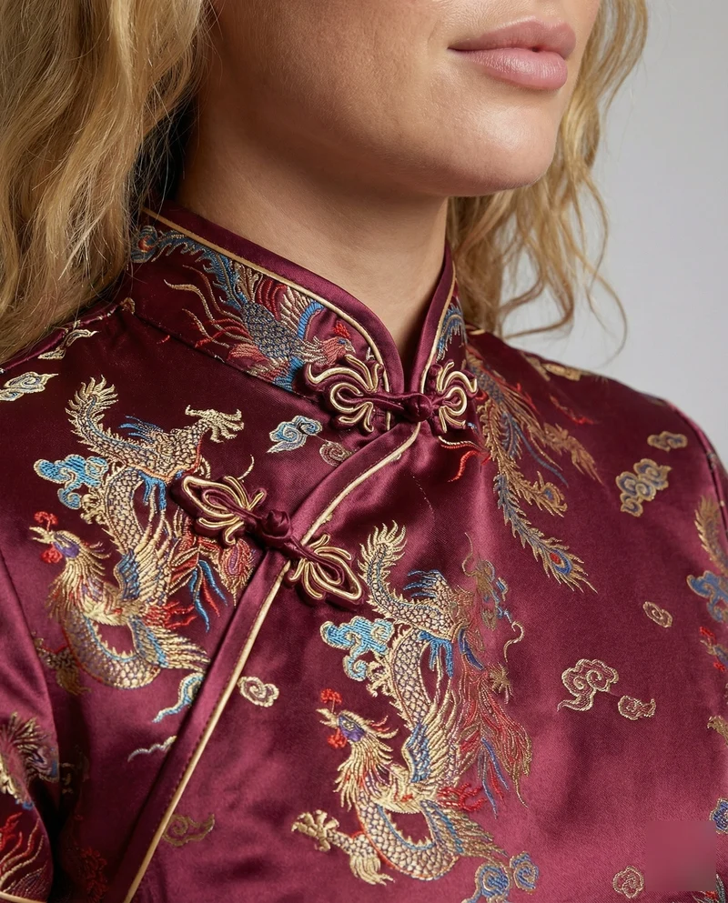 Damen Qipao-Stil Brokat Stehkragenbluse