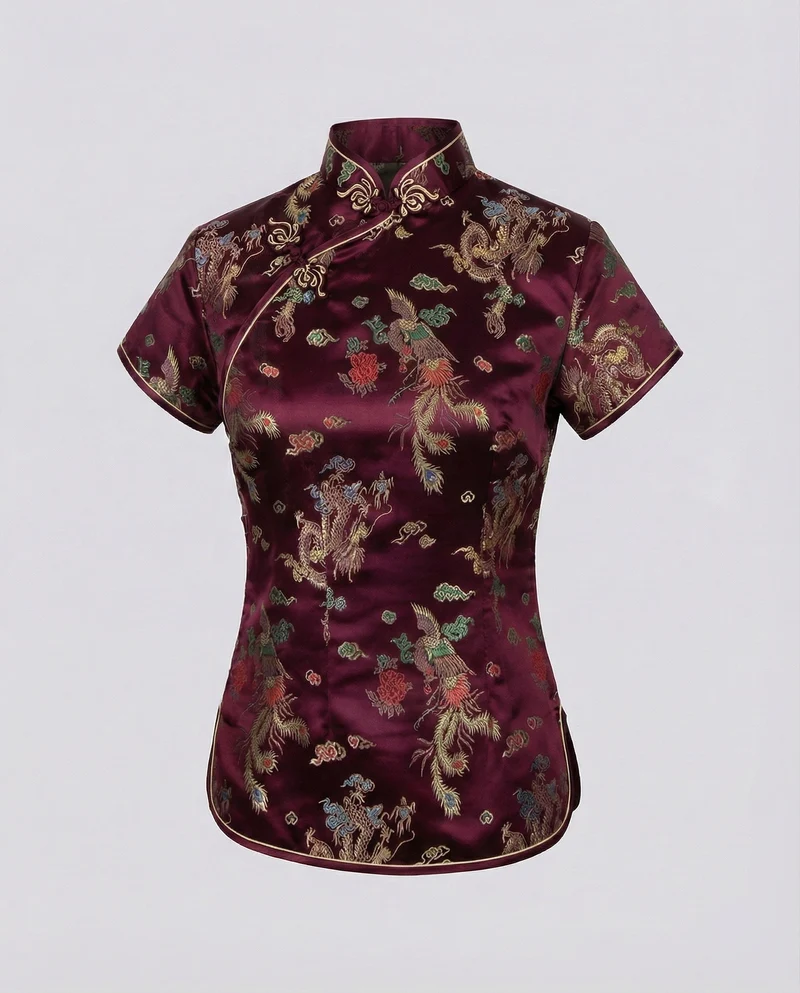 Damen Qipao-Stil Brokat Stehkragenbluse