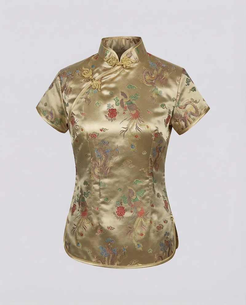 Damen Qipao-Stil Brokat Stehkragenbluse