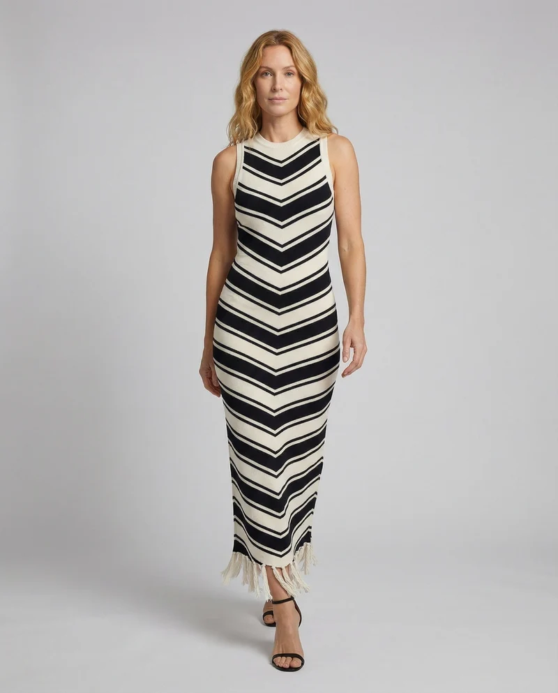 Damen figurbetontes Rippstrick-Maxikleid mit Fransensaum