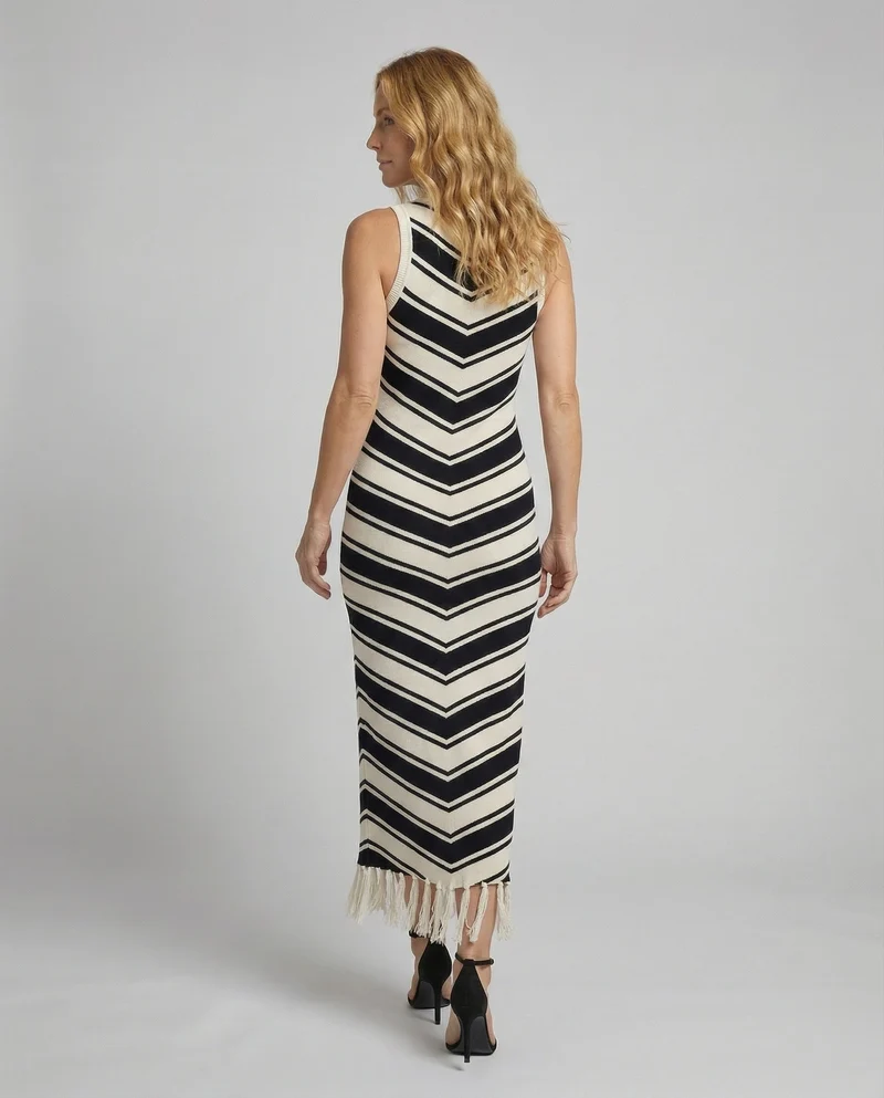 Damen figurbetontes Rippstrick-Maxikleid mit Fransensaum