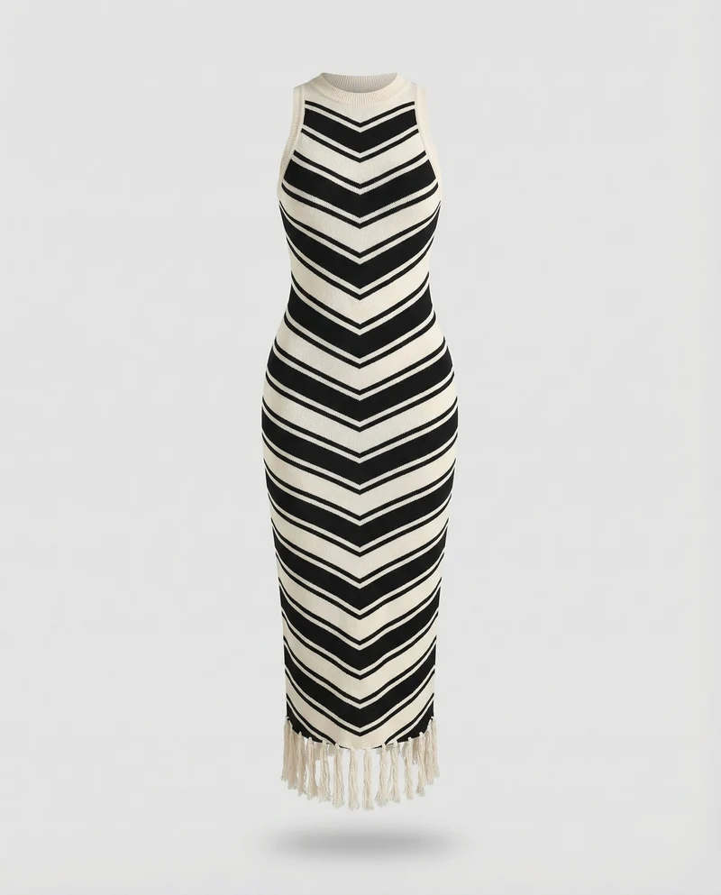 Damen figurbetontes Rippstrick-Maxikleid mit Fransensaum