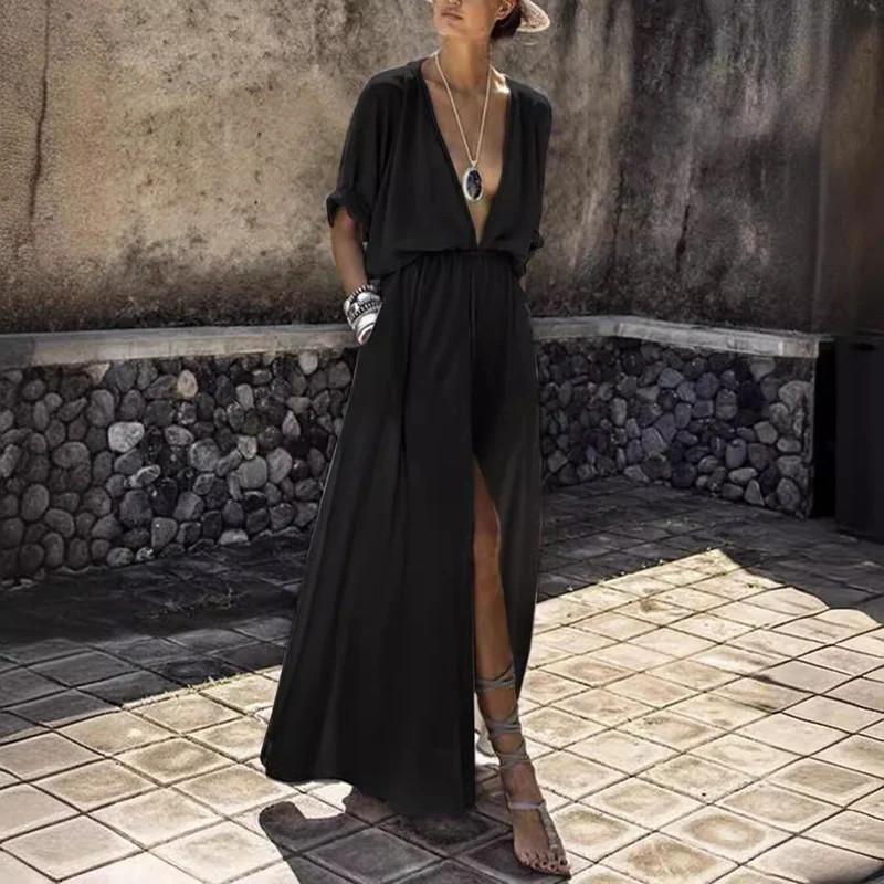 Damen Elegantes Maxikleid mit tiefem V-Ausschnitt und hohem Schlitz