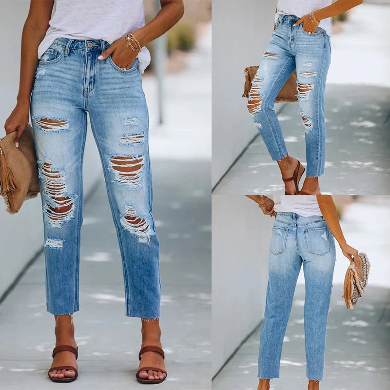 Damen Hohe Taillierte Ripped Jeans im modernen Straight-Leg Schnitt