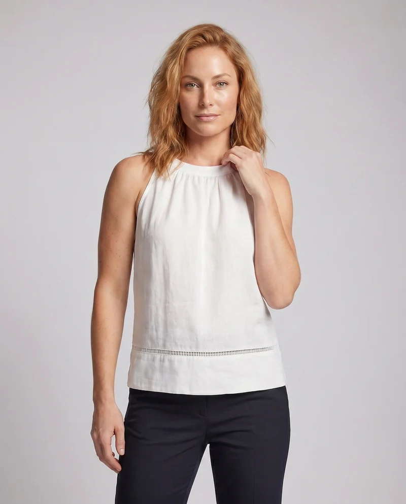 Damen luftiges Leinentop mit elegantem Stehkragen und feinen Details