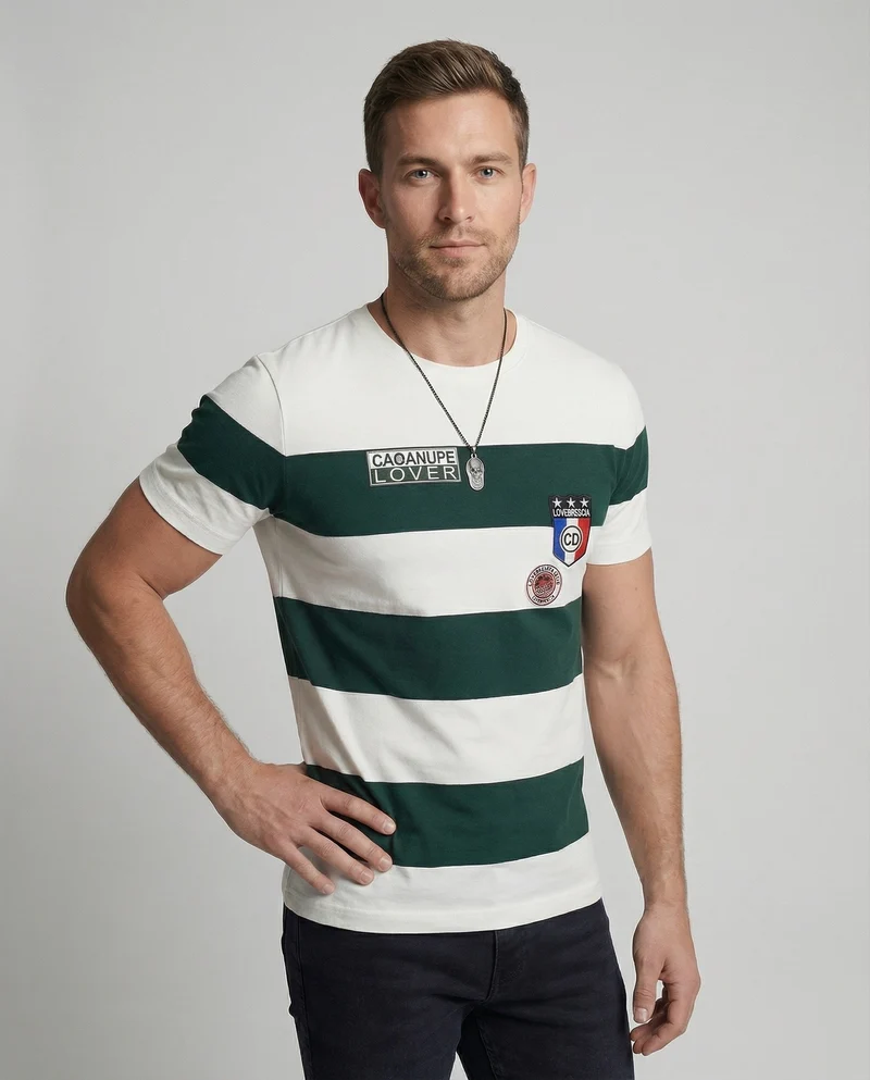 Herren nan gestricktes Typo-Print Rundhals-T-Shirt mit kurzem Arm und figurbetonter Passform Nord Taschen