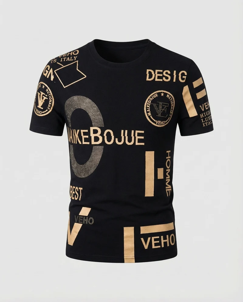 Herren nan gestricktes Typo-Print Rundhals-T-Shirt mit kurzem Arm und figurbetonter Passform Nord Taschen