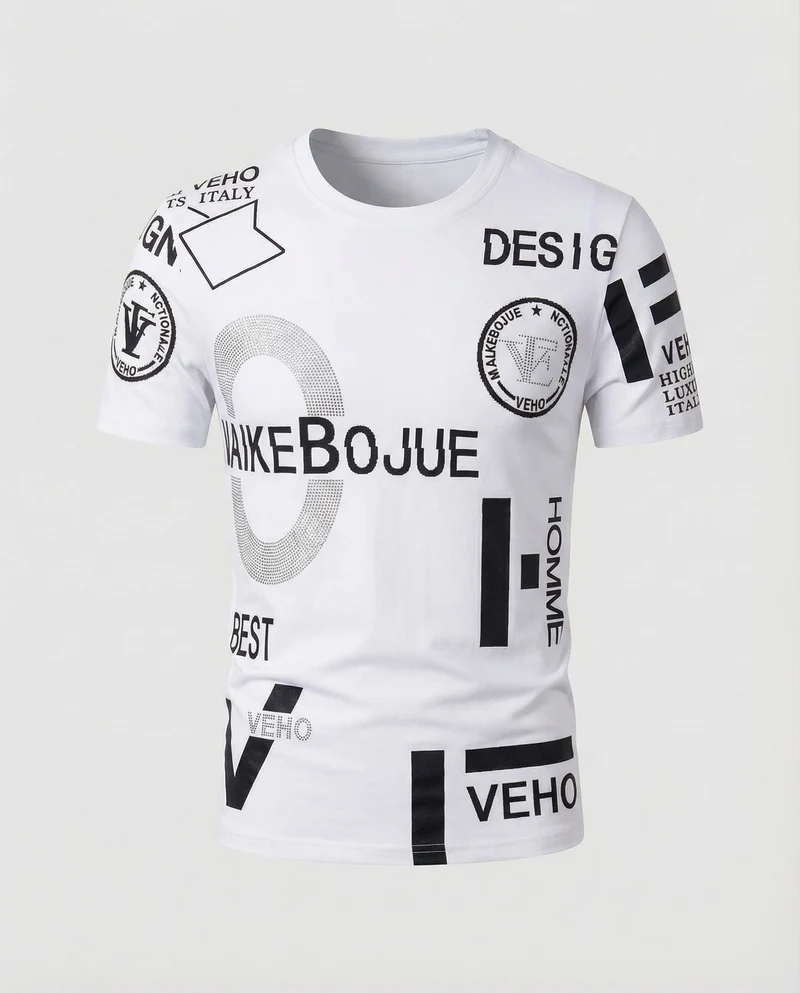 Herren nan gestricktes Typo-Print Rundhals-T-Shirt mit kurzem Arm und figurbetonter Passform Nord Taschen