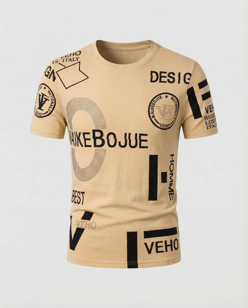 Herren nan gestricktes Typo-Print Rundhals-T-Shirt mit kurzem Arm und figurbetonter Passform Nord Taschen