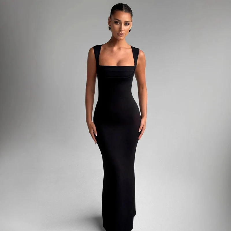 Damen Elegantes figurbetontes Maxikleid mit quadratischem Ausschnitt und tiefem Rücken Nord Taschen