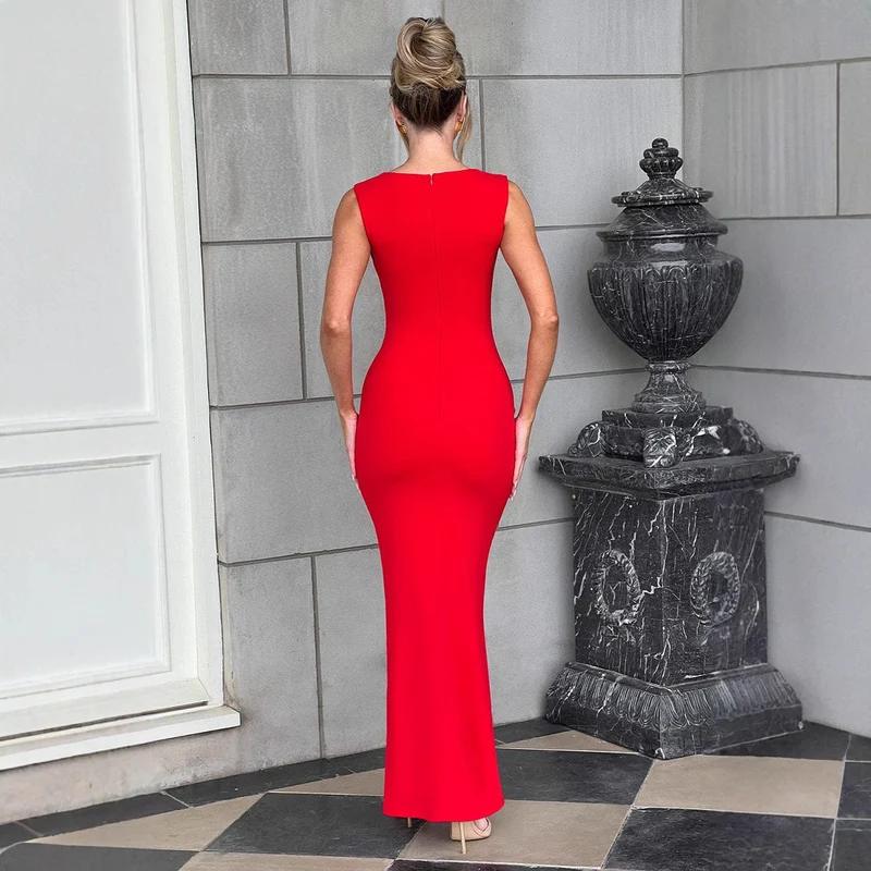 Damen Elegantes figurbetontes Maxikleid mit quadratischem Ausschnitt und tiefem Rücken Nord Taschen