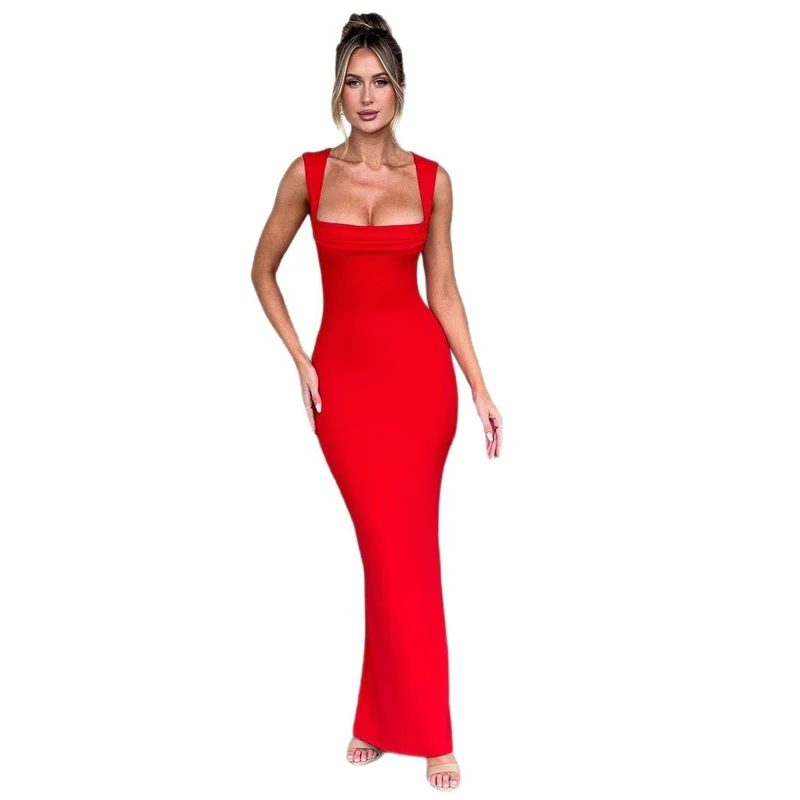 Damen Elegantes figurbetontes Maxikleid mit quadratischem Ausschnitt und tiefem Rücken Nord Taschen