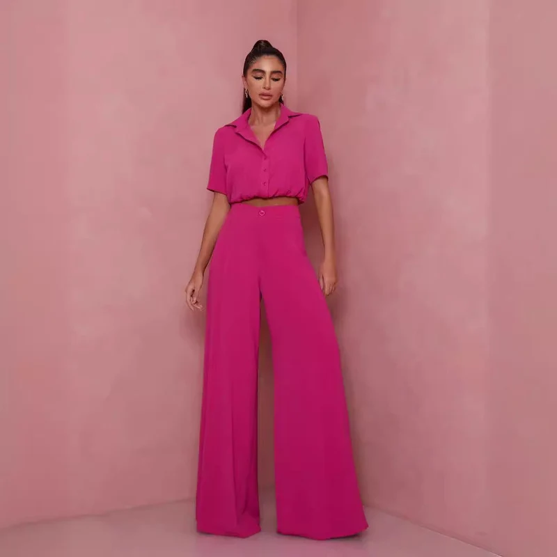 Damen Elegantes Kurzarm-Blusen und Palazzo-Hosen-Ensemble
