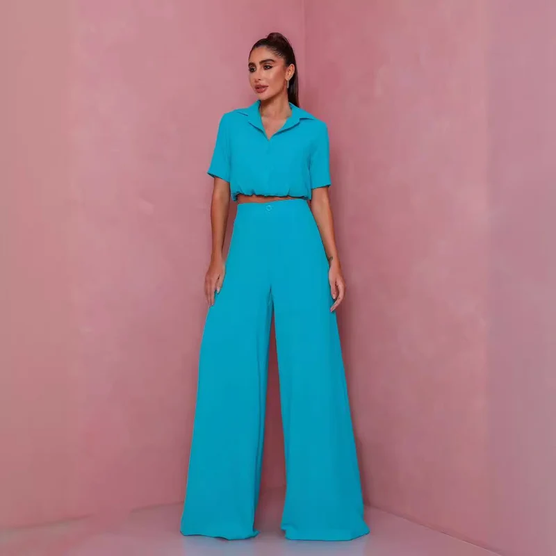 Damen Elegantes Kurzarm-Blusen und Palazzo-Hosen-Ensemble