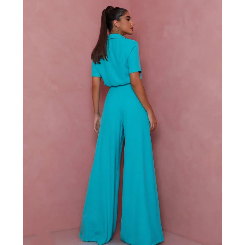 Damen Elegantes Kurzarm-Blusen und Palazzo-Hosen-Ensemble