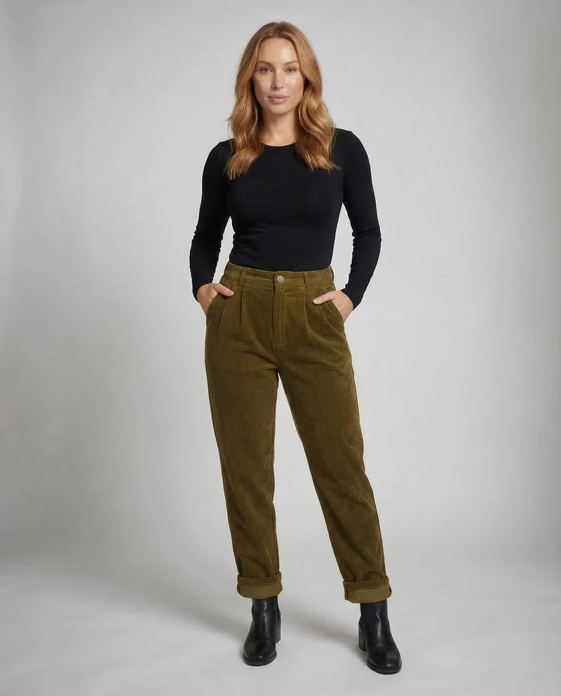 Damen Cordhose High Waist Bundfalten