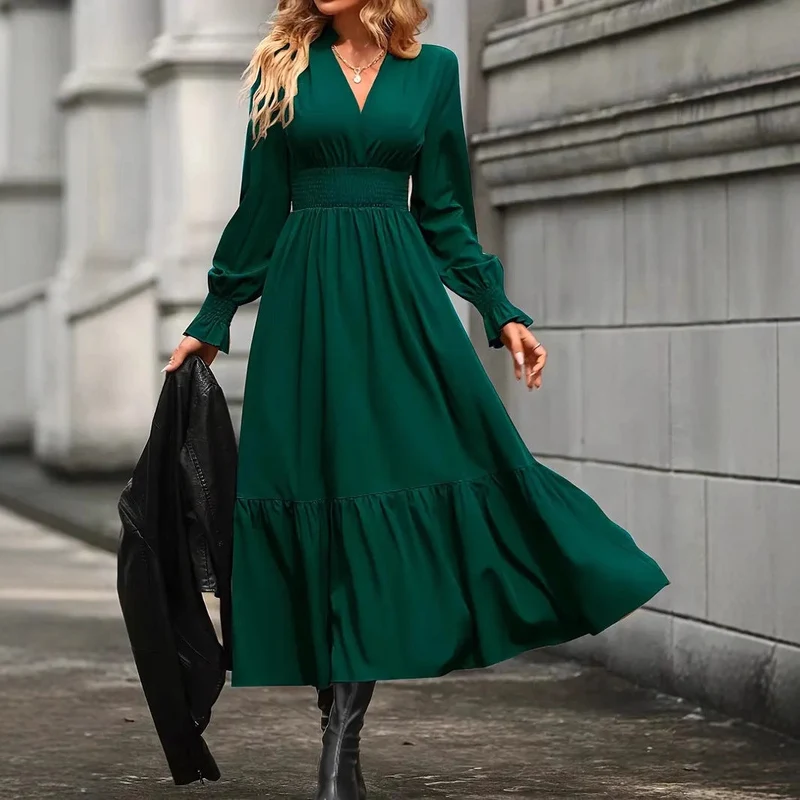 Damen Maxikleid mit elegantem V-Ausschnitt und voluminösen Ärmeln