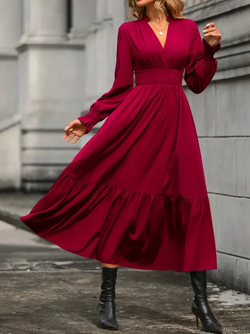 Damen Maxikleid mit elegantem V-Ausschnitt und voluminösen Ärmeln