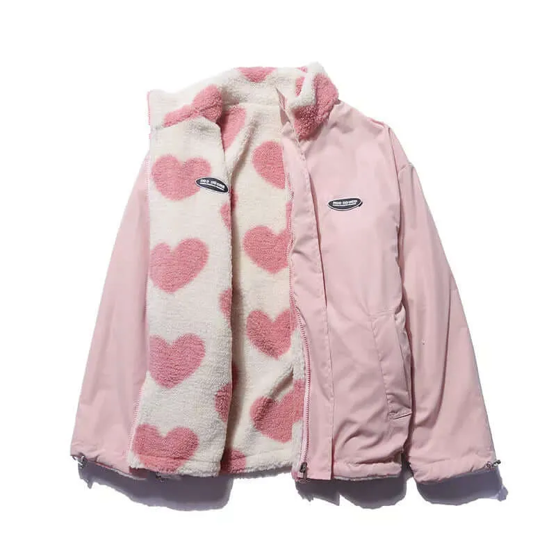 Wendbarer Herz-Druckmantel mit plüschigem Fleece-Futter