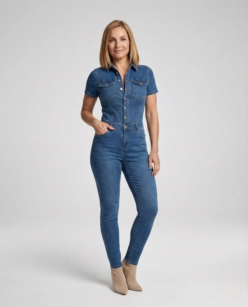 Damen Stretch Jeans Einteiler Kurzarm - Arvani