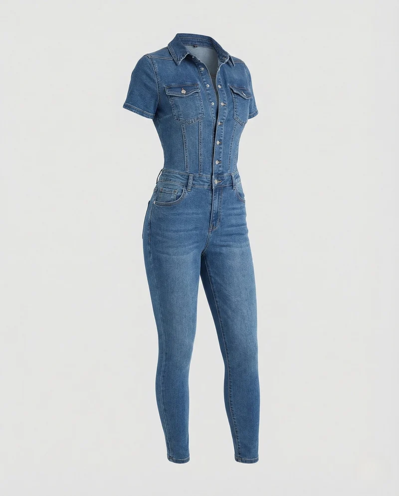 Damen Stretch Jeans Einteiler Kurzarm - Arvani