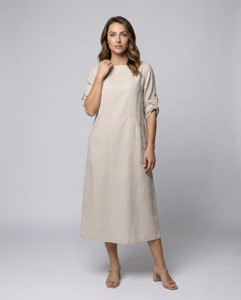 Damen Leinenmix-Midikleid Krempelärmel