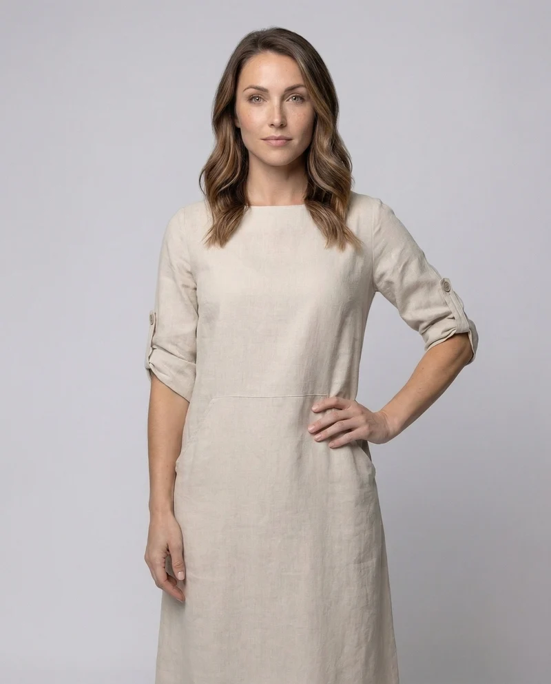 Damen Leinenmix-Midikleid Krempelärmel