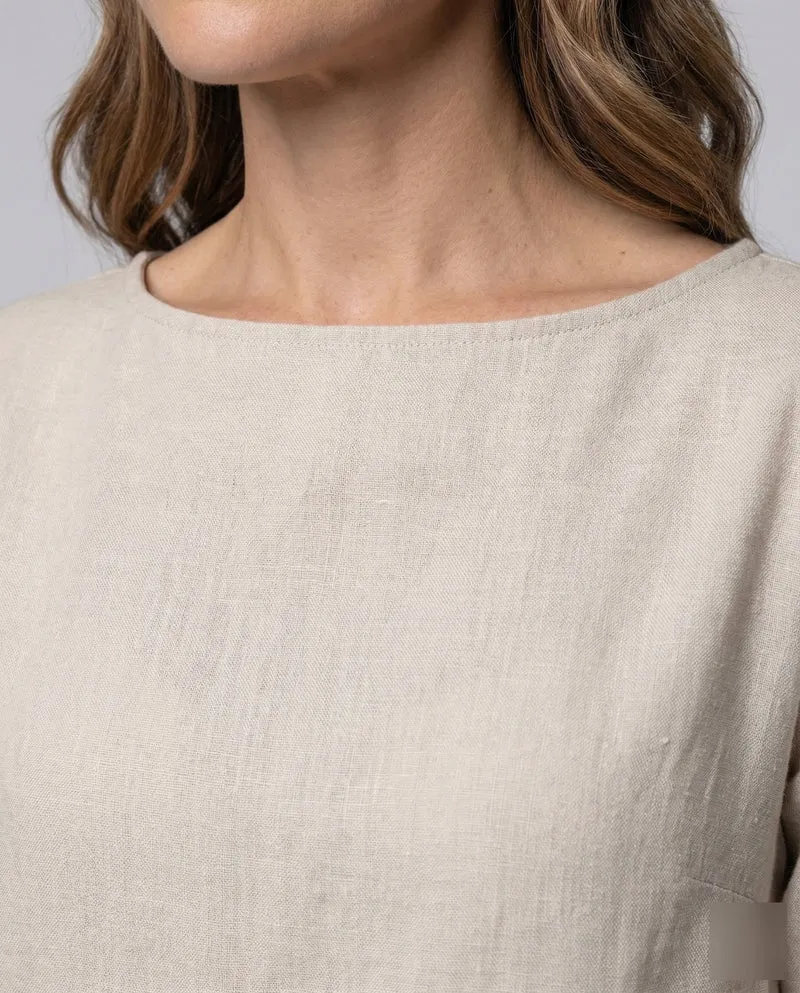 Damen Leinenmix-Midikleid Krempelärmel