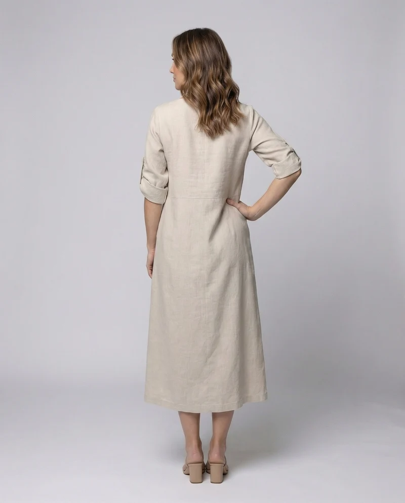 Damen Leinenmix-Midikleid Krempelärmel