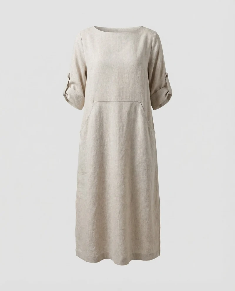 Damen Leinenmix-Midikleid Krempelärmel