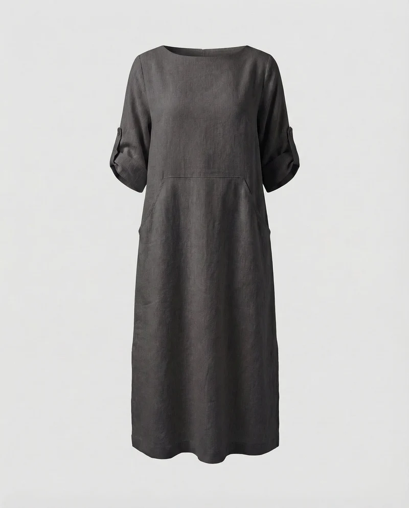 Damen Leinenmix-Midikleid Krempelärmel