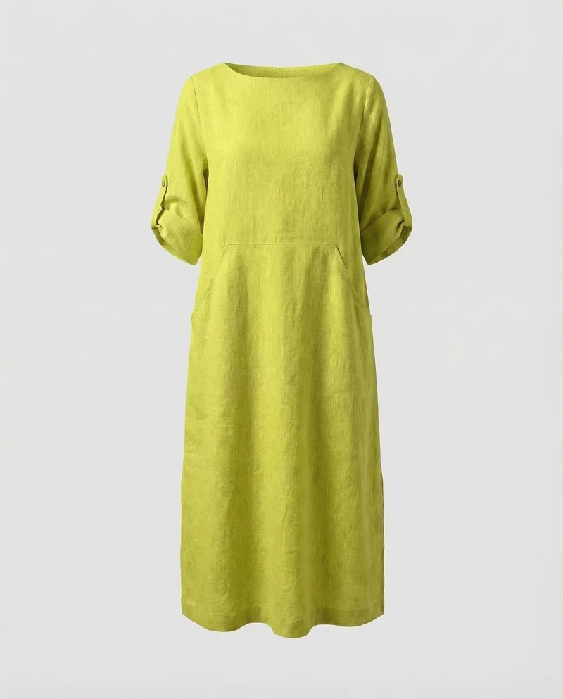 Damen Leinenmix-Midikleid Krempelärmel