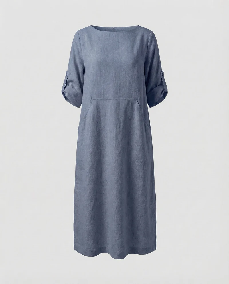 Damen Leinenmix-Midikleid Krempelärmel