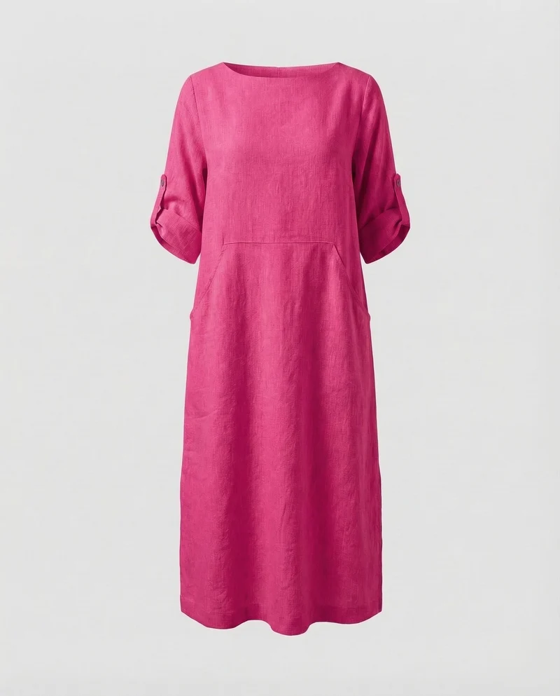 Damen Leinenmix-Midikleid Krempelärmel