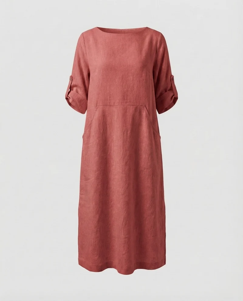 Damen Leinenmix-Midikleid Krempelärmel