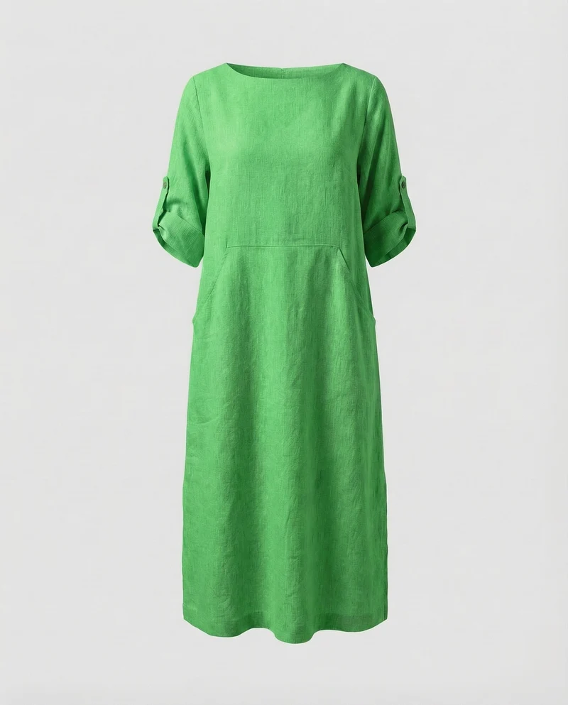 Damen Leinenmix-Midikleid Krempelärmel