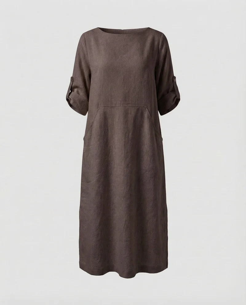 Damen Leinenmix-Midikleid Krempelärmel