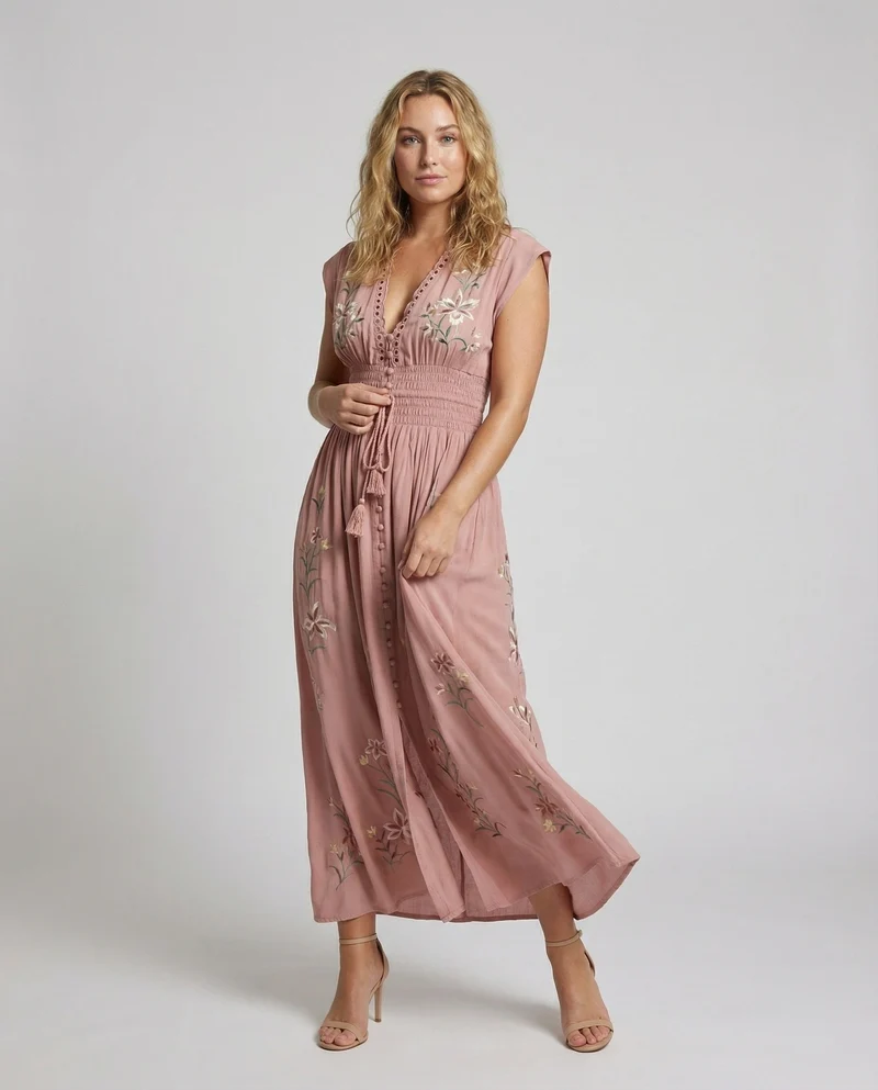 Damen nan besticktes bodenlanges Strandkleid mit Smokbund, V-Ausschnitt und Spitzeneinsatz